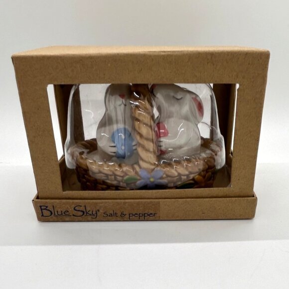 Blue Sky Bunny Salt & Pepper Shakers In Basket With Floral & Blue Butterfly - Picture 13 of 14